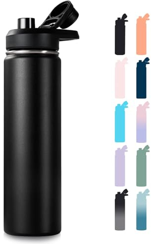 Fijinhom 24 oz Insulated Water Bottle with Handle, 304 Stainless Steel Water Bottles with Wide Mouth, Double Wall Vacuum Sports Water Bottle, BPA Free, Keep Cold and Hot, Black