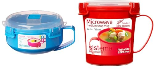 Sistema Microwave Breakfast Bowl and Soup Mug | Round Container With Lid | 850 ml & 656 ml | Steam-Release Vent | BPA-Free | Red/Clear | 1 Count [1107]