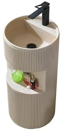 Standwaschbecken Rundes Standwaschbecken, Quarzstein-Standwaschbecken mit Stauraum, Bad-Standwaschbecken-Kombination mit Wasserhahn-Ablaufgarnitur und Eckventil Standwaschbecken für Badezimmer(Milk Co