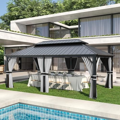 Amopatio 3.65 x 6 m Gartenpavillon Wasserdicht Stabil Winterfest Hardtop Pavillon, Verzinkter Stahl Doppeldach Aluminium Pavillon mit Moskitonetz und Vorhänge für Garten, Terrasse, Rasen, Grau