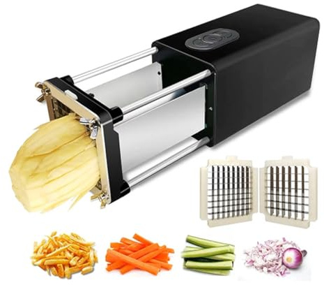 Electric French Fry Cutter Machine,Electric Potato Chip Cutter Stainless Steel Potato Chipper with 1/2 Inch, 3/8 Inch 2 Blade,Commercial and Household,for Potatoes Carrots Cucumbers(Black)