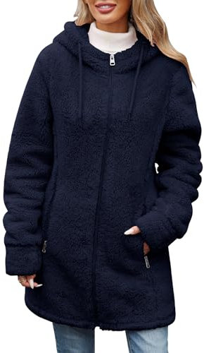 RITOSTA Felpa Pile Donna Lungo Felpe con Cappuccio Cappotto Invernale Giacca Elegante Caldo Giaccone Giubbino Cappotti con Zip Tasche Termica Sweatshirt Manica Lunga Cardigan Hoodie (Navy,L)