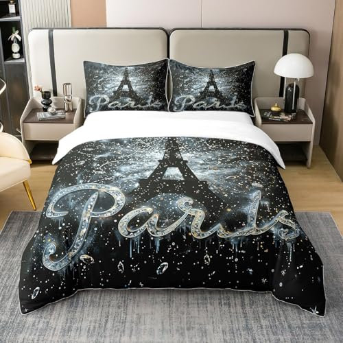 Homewish Tour Eiffel Coton Housse de Couette 200x200,Paris Parure de Lit,Ensemble de Literie À Thème Raindrop Saison des Pluies,Paillettes Paillettes Thunder Scenic Literie Set,Noir Gris