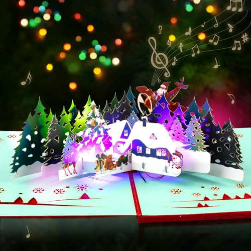 GREETING ART Weihnachtskarten,Weihnachtskarte mit Musik Sound, Weihnachtskarten Pop Up,3D Weihnachtskarte mit weihnachtsbaum und Wald,Weihnachtskarte für Ehefrau, Ehemann,Tochter