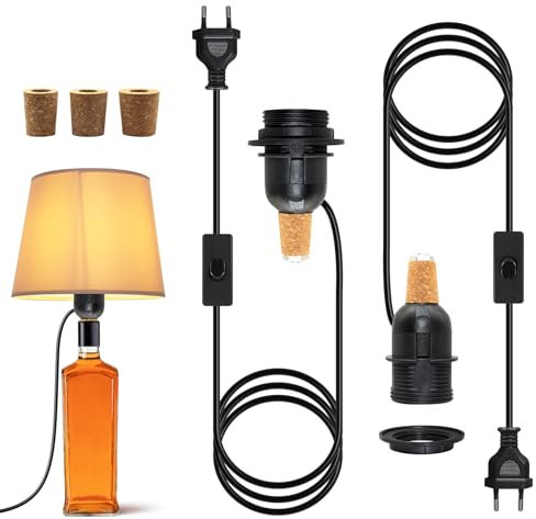 Douille E27 avec Cable 2.4 m, Lot de 2 Kits Lampes de Bouteille, Adaptateur de Lampe E27 pour Lampe de Table, Support Ampoule E27, Peut Installer un Abat-jour, 3 Tailles de Bouchons pour Vous