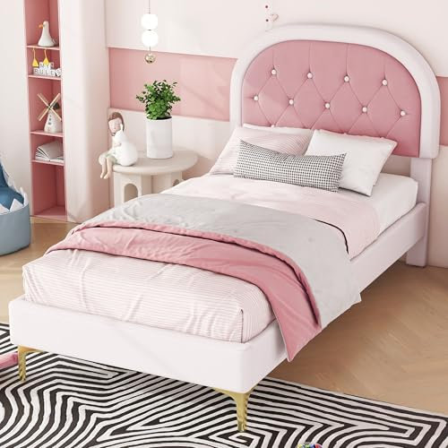 Ctastay Kinderbett Polsterbett 90x200 cm, Bett Einzelbett mit Polster-Kopfteil, Familienbett Jugendbett mit Lattenrost, Samt, Rosa (Ohne Matratze)