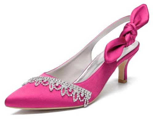 Frauen Kitten Absatz Brautschuhe Satin Strass Slingback Pumps Spitz Zehen Hochzeit Abendschuhe 1608-27A,Rose,35 EU