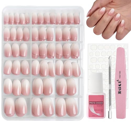 240Pcs Almond Press on Nails Set, Natural Gradient Pink False Nails Kit, Ombre Oval Fake Nails Pink Tips, 12 Sizes Glossy Full Cover Stick on Nail with Glue for Women Girls Nails Art