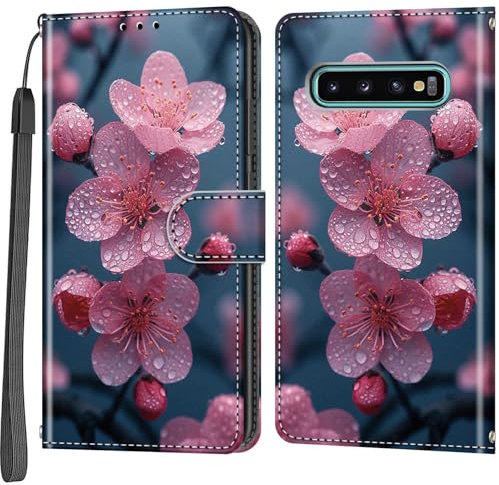Handyhülle für Samsung Galaxy S10 Plus Hülle, Magnetische Stoßfeste Flip Leder Schutzhülle Klapphülle, Pfirsichblüte