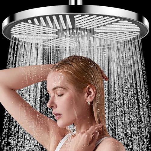 Rain Shower Head, 10 Inch Large Rainfall Shower Head Replacement, Round 304 Stainless Steel Waterfall Showerhead for Bathroom, Swivel Spray Angle, Chrome Finish Universal Fitting