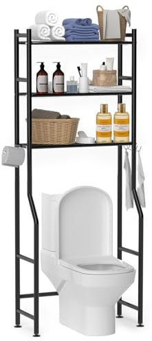 3-Tier Over Toilet Storage Unit with Removable Hooks, Carbon Steel Bathroom Shelves, Toilet Cabinet, 3 Shelves, Towel Rail, Freestanding Toilet Space Saver, 160*65*32cm, Black Kitchen Rack Shelf Stand