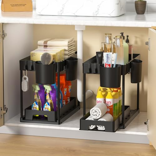 Cinnani Lot de 2 Rangement sous Évier Cuisine,Organisateur sous Evier à 2 Étages avec Tiroir Coulissant,Étagère sous Évier avec 4 Crochets,1 Suspendu,Multifonctionnelle pour Cuisine,Buanderie