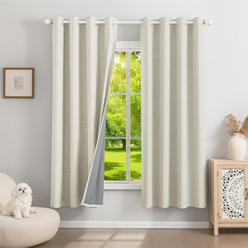 Runyéla 100% Verdunklungsvorhänge Leinen Gardinen mit Ösen 2er Set, Thermovorhang Hitzeschutz H 175 x B 140, Leinenoptik Vorhänge Blickdicht Hellbeige Schallschutz für Schlafzimmer Wohnzimmer