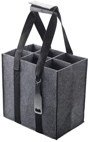 Borsa Portabottiglie in Feltro con Manici Resistenti e apribottiglie incluso - Porta Bottiglie con 6 Scomparti Riutilizzabile per 6 Bottiglie da 1,5L di Vino, Birra o Acqua, 27 x 18 x 27 cm, Grigio