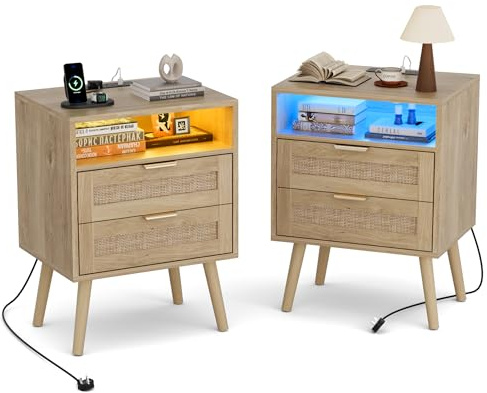 BonVache Bedside Tables Set of 2, Bed side table with Charging Station and LED, Bedside cabinet with Open Shelf, Natural Rattan Woven drawers and Solid Wood Legs