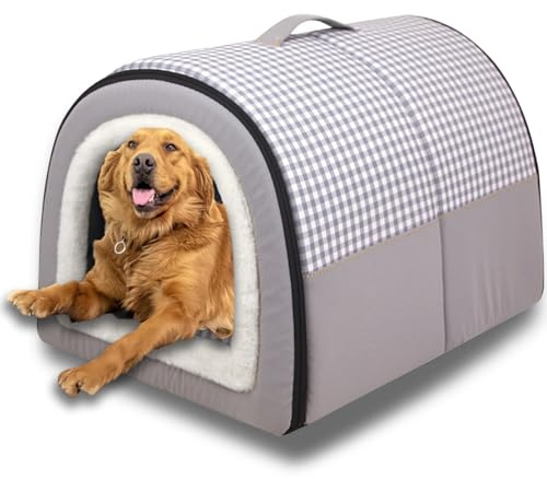 2-in-1-Hundehütte, große Haustierhöhle, beruhigende Hundehütte, Anti-Angstzustände, weiches, warmes Kissen, abnehmbar, waschbar, Katzen-Iglu-Bett, rutschfest (Hellgrau, S-35 x 27 x 25 cm)