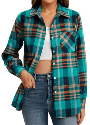 Stamain Womens Flannel Checked Shirts Casual Long Sleeve Plaid Shirt Ladies Classic Check Blouses Top with Pockets