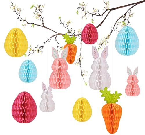 12 Stück Osterdeko zum Aufhängen - Papier Ostereier Wabenkarotten Osterhasen Deko, Wiederverwendbare Frühling Dekoration für Innen & Außen