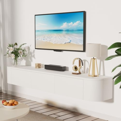 JMGJOY 160cm Floating Tv Stand Cabinet Wall Mounted Tv Unit with Doors And Drawers Media Wall Unit Large Storage Console Table for Living Room Bedroom and Office, White