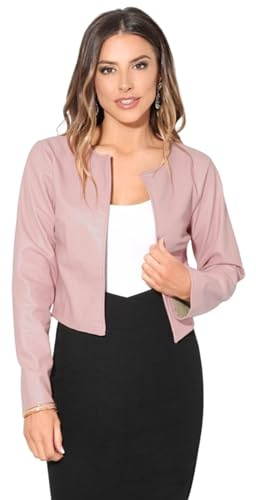 KRISP Faux Leather Jacket for Women Cropped Open Style All Occasion PU Blazer (UK, Alpha, L, Regular, Regular, Pink)
