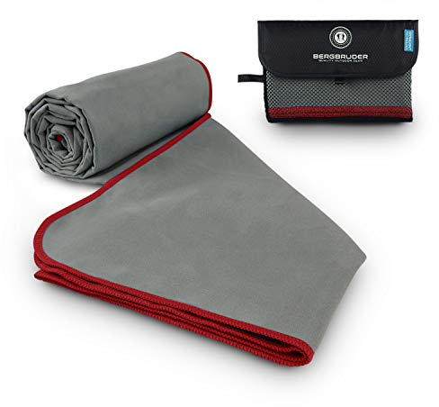 BERGBRUDER Microfaser Handtücher - Ultraleicht, kompakt & schnelltrocknend - Mikrofaser Handtuch, Reisehandtuch, Sporthandtuch (Grau-Rot, L 160x80 cm)