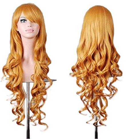 Fouriding 32 80cm Langhaar Lockinge Perücke Long Curly Wig Lange Gewellt Perücken für damen frauen Karneval Cosplay Party Fasching Kostüm Haarteile (gelb)