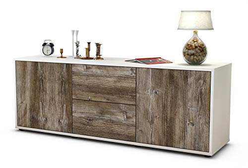 Stil.Zeit TV Schrank Lowboard Alma, Korpus Weiss matt, Front Holz Design Treibholz (135x49x35cm), Push to Open Technik & Leichtlaufschienen