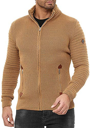 Redbridge Herren Strickjacke Cardigan mit Stehkragen Basic Luxury Braun S