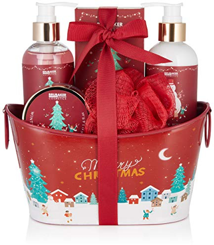 BRUBAKER Cosmetics - Coffret de bain & douche - Baies d'hiver/Joyeux Noël - 6 Pièces - Bassine vintage décorative - Idée cadeau Femme & Homme