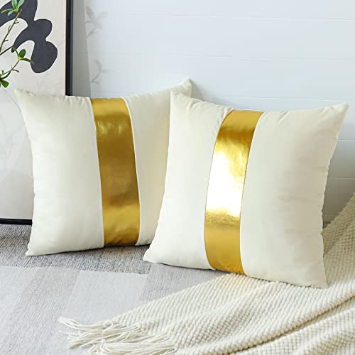 Artscope Cremeweißer Samt Kissenbezug mit Luxuriöser Moderne Minimalist Goldenen Ledernähten Dekokissen Kissenhülle Kissen Fall für Sofa Schlafzimmer 45x45cm 2er Set