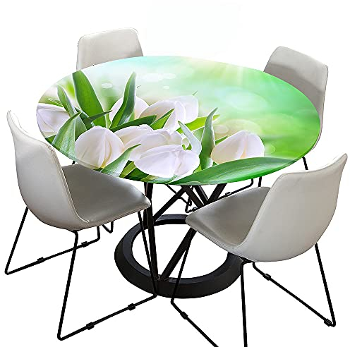 Morbuy Rund Tischdecke Elastisch, 3D Tulpe Rund Tischdecken Wasserdicht Lotuseffekt Abwaschbar Abwischbar Tischtuch für Dekoration Küchentisch Garten Outdoor (Durchmesser 120cm,Weiße Tulpe)