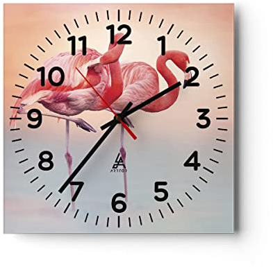 Modern Wanduhr Flamingos Exotik Vögel 40x40cm Quadrat Groß Wand Uhr Glas Analog Zimmeruhren Küche Büro Wohnzimmer Glasuhr Wall Clock Dekoration Design Wanddekoration Küchenuhr C4AC40x40-5044