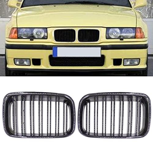 HZTWFC 2 Stück Glänzend Schwarz Dual Slat Line Auto Frontgrills Fronthaubengrill Autogrills Grill für BMW 3er E36 1992-1996