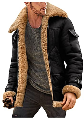 Giacca in pile da uomo, in pelle di pecora, con colletto a risvolto, imbottito, stile vintage, spesso cappotto invernale, in cashmere, cappotto invernale da uomo, Nero , XXXXXL