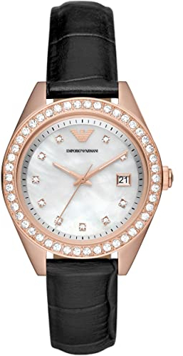 Emporio Armani Orologio Donna, movimento a tre lancette, cassa 36 mm in acciaio inossidabile riciclato nero (almeno 50%) con cinturino in pelle, AR11505, Tono Oro Rosa e Glitter Nero, 36 mm
