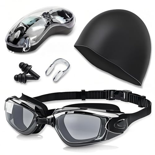 Global-Daily 5-in-1 Swimming Goggles Set – Anti-Fog UV Protection Swim Goggles with Swim Cap, Silicone Earplugs, Nose Clip & Hard Case for Men, Women, Adults and Youth