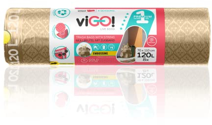 viGO! - Müllbeutel I mit Zugband I 1 Rolle I 120 Liter x 8 Stück I LD Müllsäcke I 3-Schicht-Prägefolie I Zugfest und Reißfest I Dauerhaft I 4 Seasons Gold