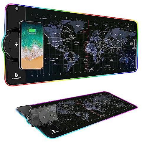 Mouse Pad,Wireless Mouse Pad Charging,15W Fast Charging,Extened Large Size,10 Lighting Modes for Office,Mobile Phone Devices,31.5X11.8World Map