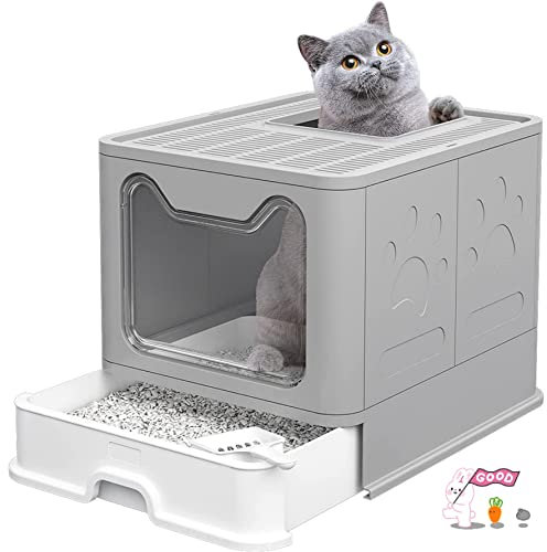 Bac à Litière pour Chat,Grande Maison de Toilette Pliable avec Couvercle,Bac de Tiroir et Pelle à Litière,Portable,WC pour Grands et Petits Chats-gris-51 * 41 * 38 cm
