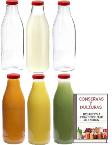 Awiku Pack 6 Botellas de Cristal de 1 Litro para Leche y Bebidas + EBook de 102 Recetas, con Tapa de Rosca Hermética - Ideal para Leche, Batidos, Horchata, Zumos, Licuados y Salsas - Set de 6