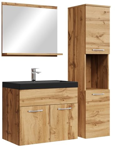 Badplaats Badmöbel Komplettset Montreal 60 x 35 cm Eiche - Badezimmermöbel mit Schwarze Waschbecken, Spiegel und Badezimmerschrank