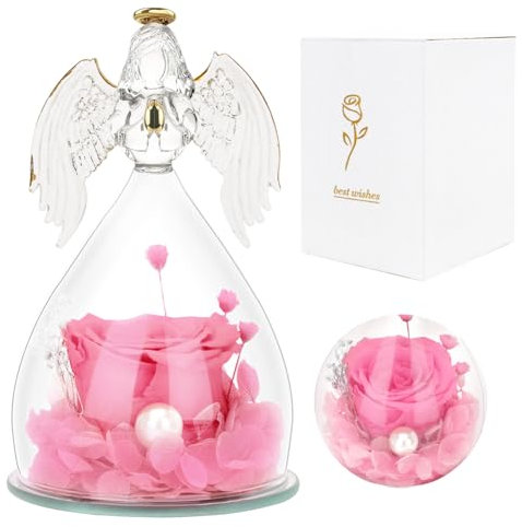 LUPATDY Ewige Rose mit Engel Figur,Geschenke für Frauen, Jahrestag Geschenk,Echte Rose Geburtstagsgeschenk für Frauen,Valentinstag Deko,Geschenke für Mama,Freundin(Rosa)