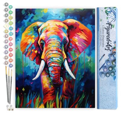 Figured'Art Peinture par Numéro Adulte Éléphant Coloré Abstrait - Activité Manuelle Kit de Loisir Créatif DIY Numéro d'Art Complet Animaux - 40x50cm sans châssis en bois