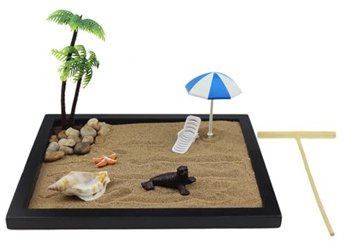 Vassoio da Giardino Zen, Kit da Giardino Zen in Legno con Ombrello in Pietre di Sabbia, Giardino Zen Realistico Realizzato con Cura, Vassoio da Giardino in Sabbia per Meditazione, Sabbiera Zen CR