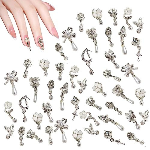 3D Nail Charms, 20 Pcs Shiny Nail Rhinestones Gems Flower Butterfly Heart Bow Dangle Nail Art Charms Silver Metal Nail Jewelry Luxury Nail Art Decoration for Nail Design DIY Crafts