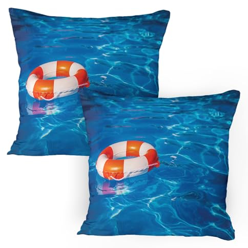ABAKUHAUS Boje Kissenbezug Packung mit 2, Rettungsring im kristallklaren Swimmingpool Sommer Ferien Sport Thema, Dekorativer Standard Gedruckter Kissenbezug, 80 x 80 cm, Blau Orange Weiß