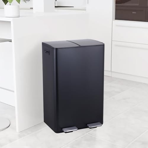 STARNINE 60L, 2 Compartment Recycling Bin 2 x 30L Compartments Steel Kitchen Pedal Dust Bin Waste Seperation Rubbish Bin With Soft Closing Lids (Black)