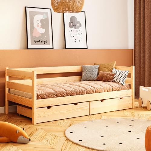 YOUKO Kinderbett Charles 180x80 aus Kiefernholz - Kinder Bett Für einen Jungen und EIN Mädchen - Montessori Bett Schlichten Stil - Kinderbetten Varnish