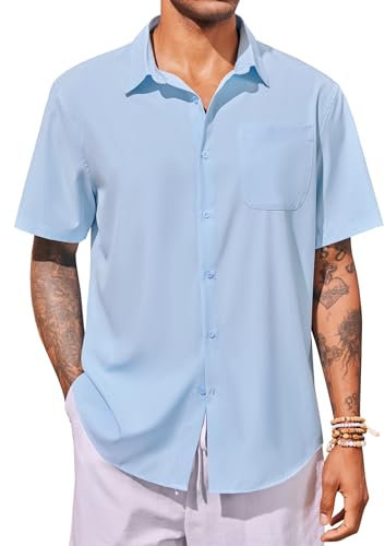 Runcati Herren Kurzarm Hemd Button Down Hemden Sommer Freizeithemden Strand Shirt mit Tasche Blau Mittel