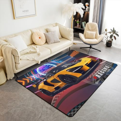 Homewish Gelber Sport Auto Teppich für Kinder Jungen Extreme Sport Themenbereich Teppich 100Bx150L, Speed Racing Spiel Rennen Auto Vehile Nicht Verschütten Teppich